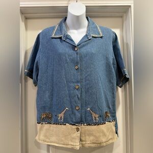 Tantrum Blues Vintage Denim Safari Button-Up Animal 🦒 🦁 Shirt Size XL